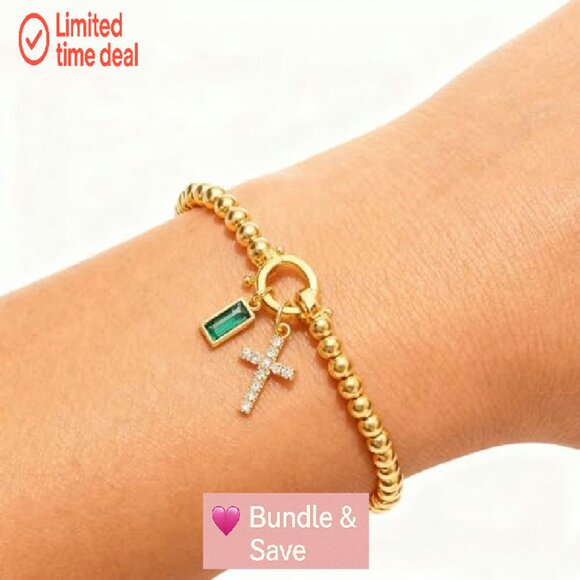 Gold Beaded Stretch Bracelet with Cross Charm & Birthstone, 9.45" - Picture 3 of 8